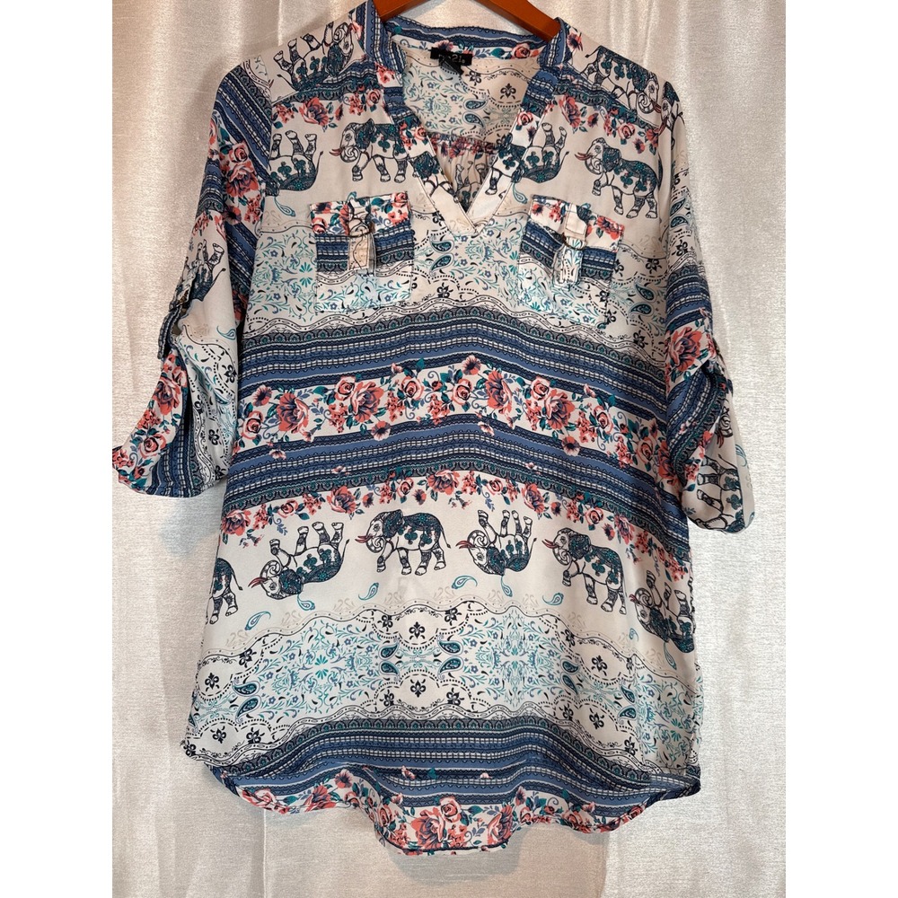 Rue 21 Elephant Print Blouse Womens Medium Roll Tab Sleeve Top